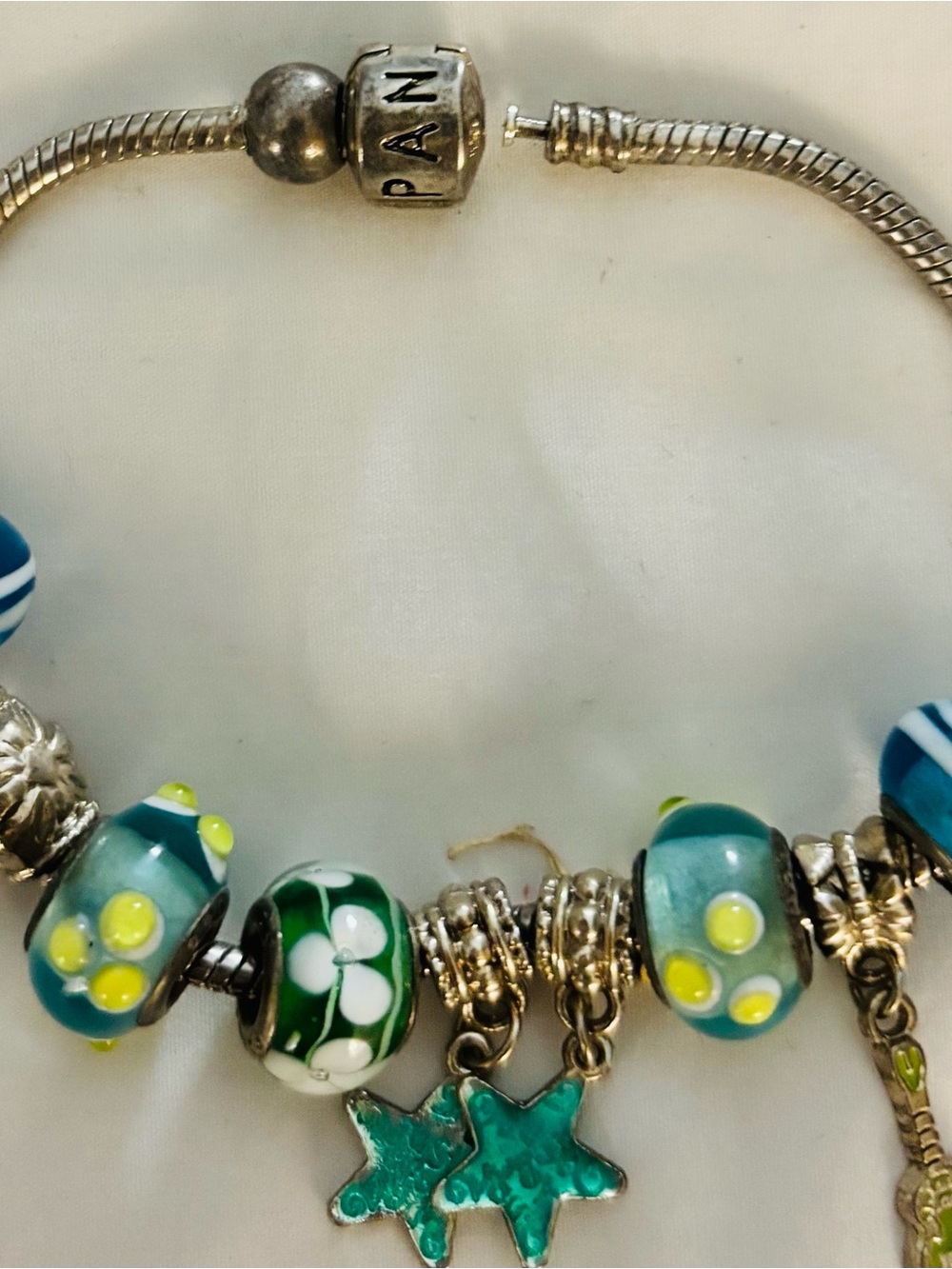 Pandora Teal, Green and Yellow Murano Charm Bracelet with Star Charms